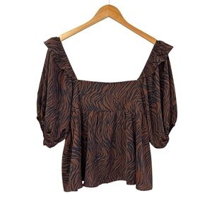 En Saison Womens Animal Print tie Back Top Sz Medium Brown Black Pull Sleeves